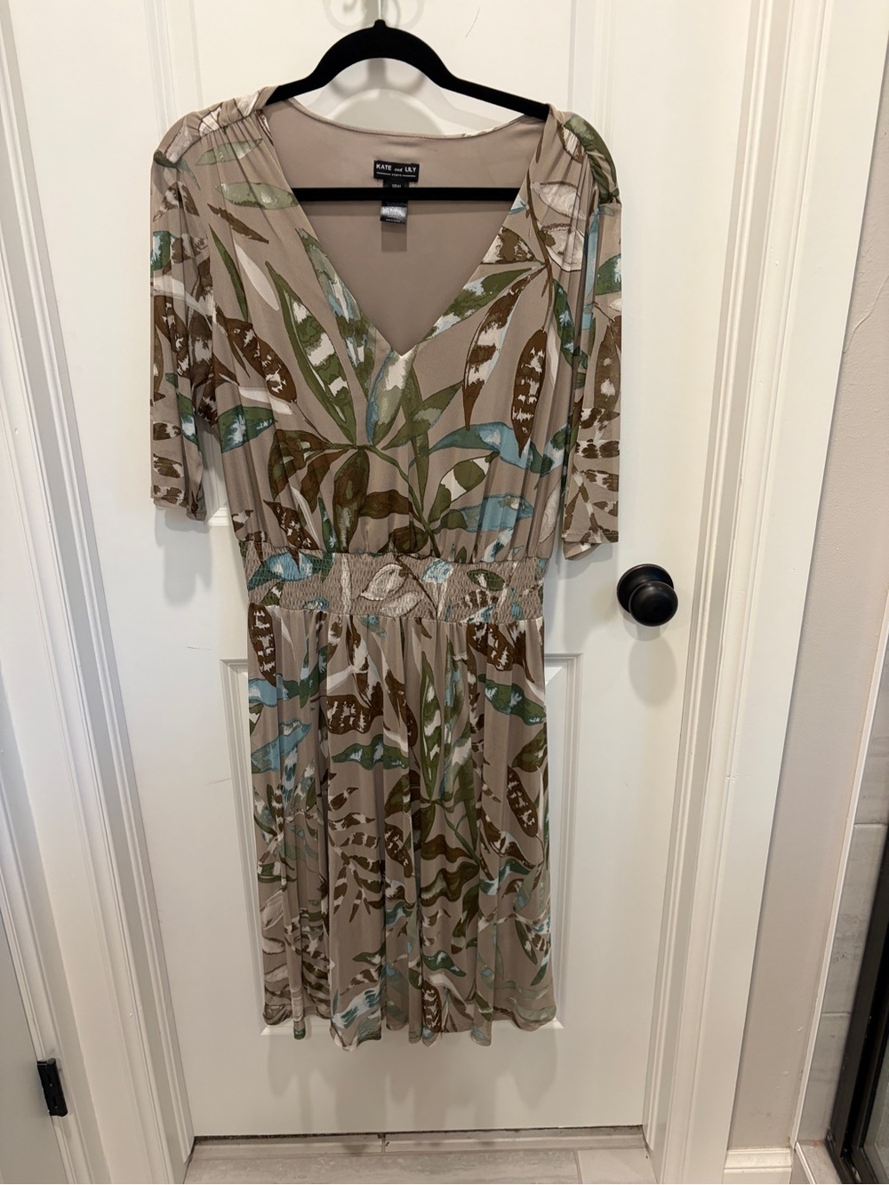Kate and Lily Beige Leaf-Print V-Neck Dress